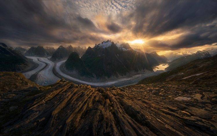 mountain, Sunset, Nature, Alaska, Glaciers, Summer, Snowy Peak, Clouds HD Wallpaper Desktop Background