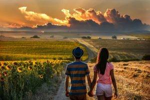 couple, Holding Hands, Road, Field, Back, Clouds, Sunflowers