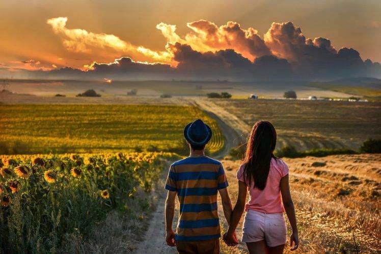 couple, Holding Hands, Road, Field, Back, Clouds, Sunflowers HD Wallpaper Desktop Background