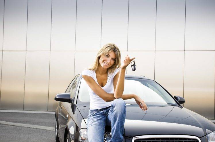 women With Cars, Smiling, Blonde, Jeans, Car HD Wallpaper Desktop Background