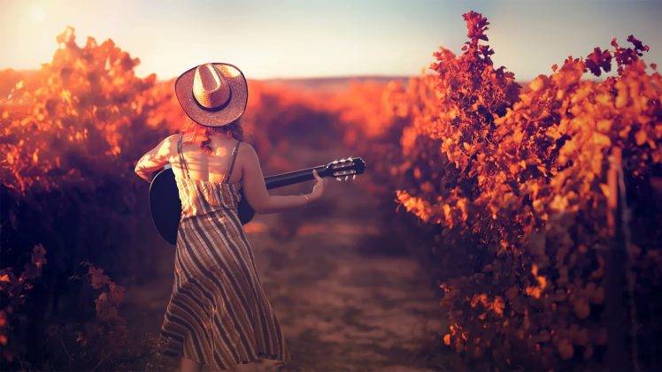 fall, Rustic, Women, Guitar HD Wallpaper Desktop Background
