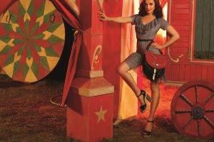 circus, Brunette, Purses, Striped Clothing, Hands On Hips, Smiling, Pillar, Wheels