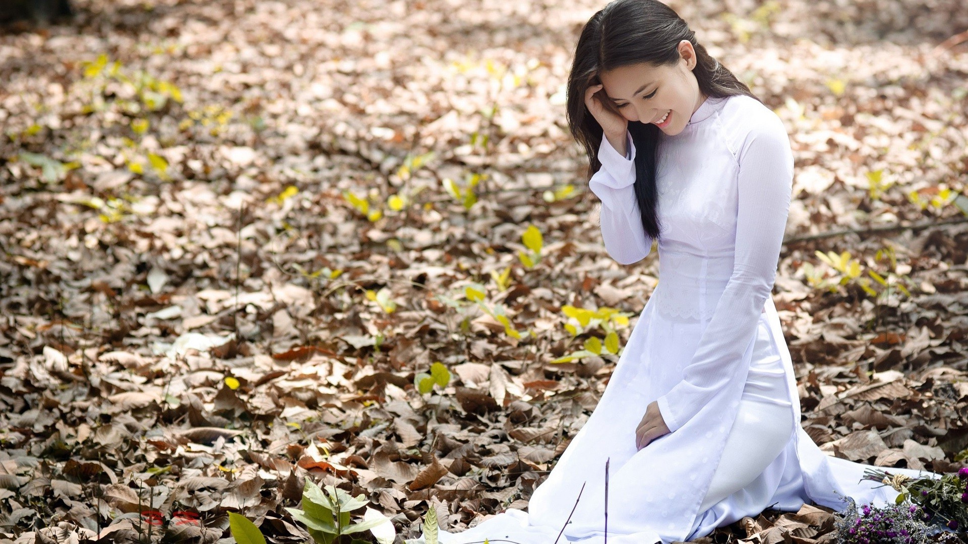 smiling, Looking Down, Leaves, White Dress, áo Dài Wallpapers HD