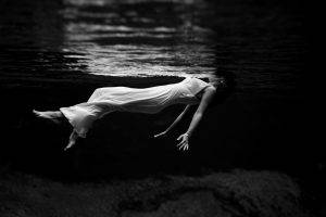 monochrome, Underwater, Floating, Women, White Dress, Barefoot