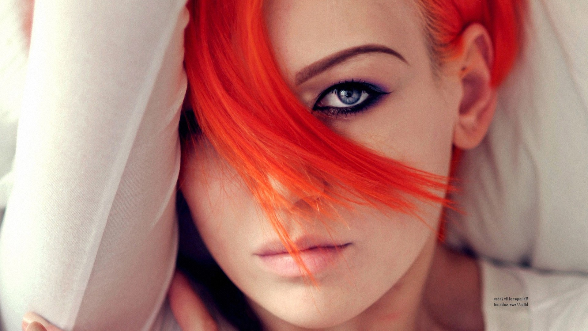 redhead, Blue Eyes, Orange Hair, Closeup, Face, White Tops, Lying Down, Aleksandra Zenibyfajnie Wydrych Wallpaper