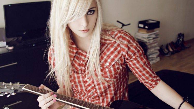 guitar, Blonde, Dyed Hair, Bessy Suicide, Plaid, Women HD Wallpaper Desktop Background