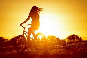 sunset, Women, Bicycle, Dog, Sunlight, Silhouette