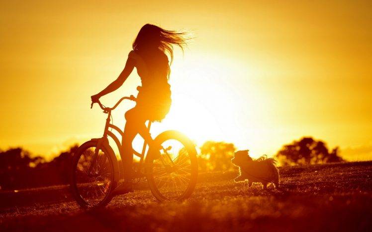 sunset, Women, Bicycle, Dog, Sunlight, Silhouette HD Wallpaper Desktop Background