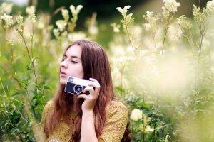 women Outdoors, White Flowers, Camera, Brunette