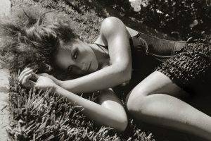 Evangeline Lilly, Brunette, Celebrity, Brown Eyes, Monochrome, Lying Down, Grass, Women