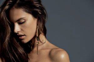 Alessandra Ambrosio, Model, Brunette, Women, Face, Looking Down, Simple Background