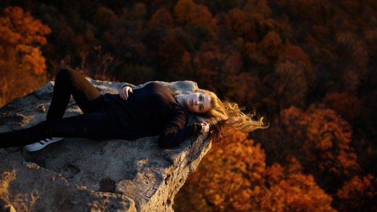 women, Model, Blonde, Long Hair, Women Outdoors, Nature, Trees, Lying On Back, Looking At Viewer, Black Clothing, Open Mouth, Rock, Forest, Windy, Sneakers, Adidas, Skinny Jeans, Fall, Blue Eyes HD Wallpaper Desktop Background