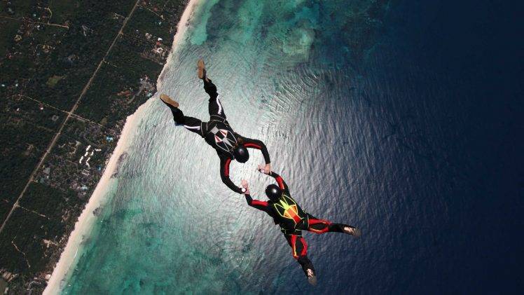 men, Sport, Parachutes, Jumping, Adrenaline, Nature, Sky, Sea, Aerial View, Sky Diving, Helmet, Beach, Coast, Trees, House HD Wallpaper Desktop Background