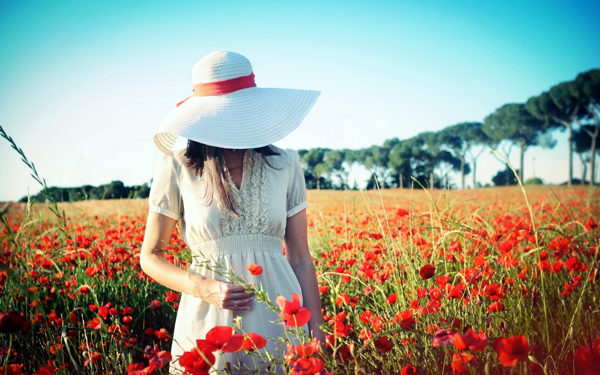 field, Landscape, Hat, Women Outdoors, Women, Model, Flowers Wallpaper