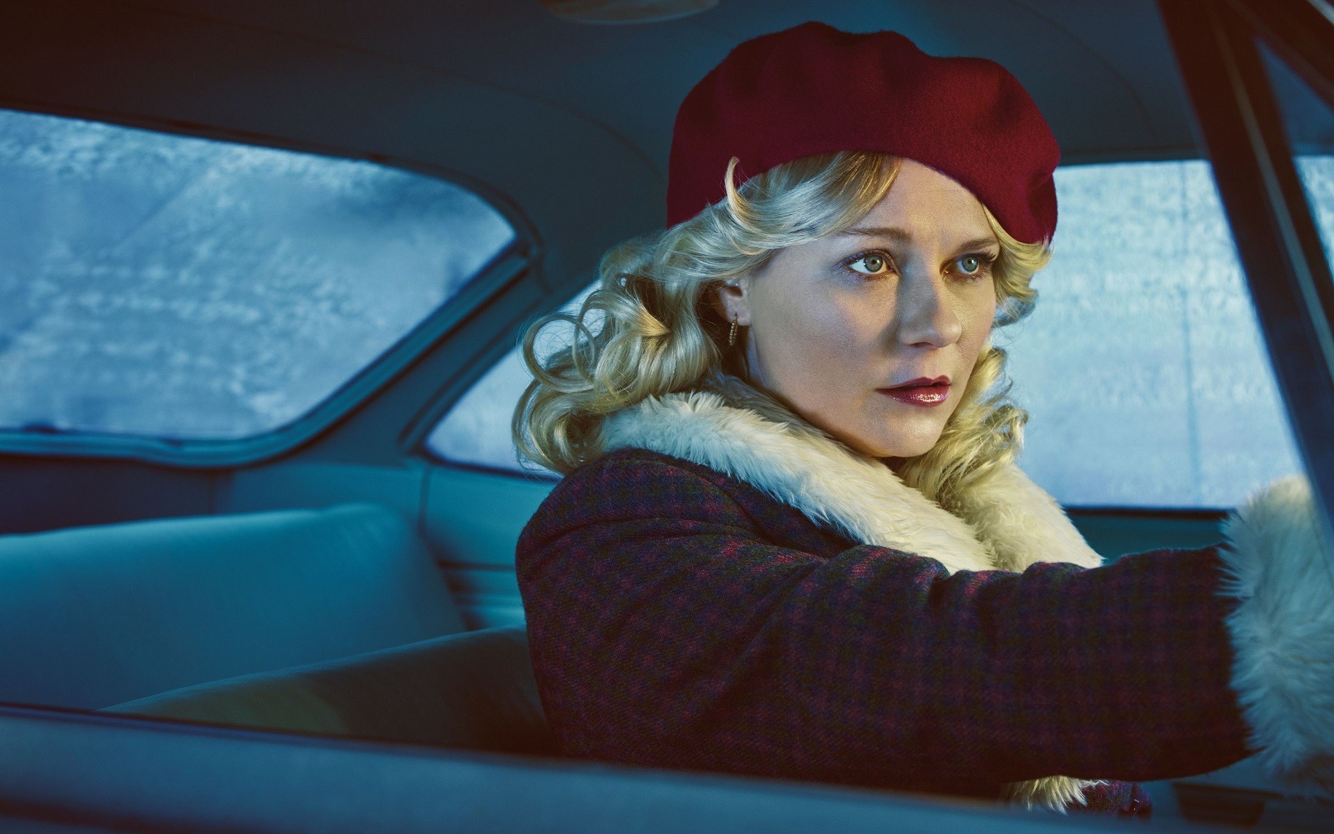 Kirsten Dunst, Women, Blonde, Actress, Red Lipstick, Car, Women With Cars, Hat, Fargo (TV Series), TV, Blue Eyes Wallpaper