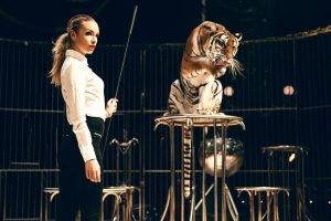 women, Model, Blonde, Long Hair, Circus, Animals, Tiger, Cages, Tight Clothing, Shirt, Whips, Training, Danger, Ponytail, Looking Away, Red Lipstick, Wild Cat