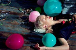 women, Model, Blonde, Long Hair, Jessica Stam, Closed Eyes, Rose, Flowers, Open Mouth, Red Lipstick, Balloons, Wooden Surface, Dress, Lying On Back, Sleeping, Shadow