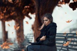 women, Leaves, Bench, Women Outdoors, Fall, Alessandro Di Cicco