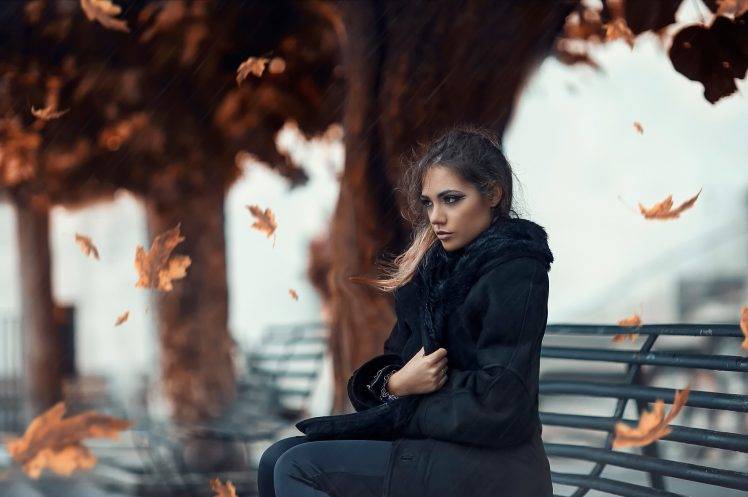 women, Leaves, Bench, Women Outdoors, Fall, Alessandro Di Cicco Wallpapers  HD / Desktop and Mobile Backgrounds
