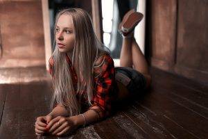 women, Blonde, Jean Shorts, On The Floor, Wooden Surface, Looking Away, Legs Up, Stepan Gladkov