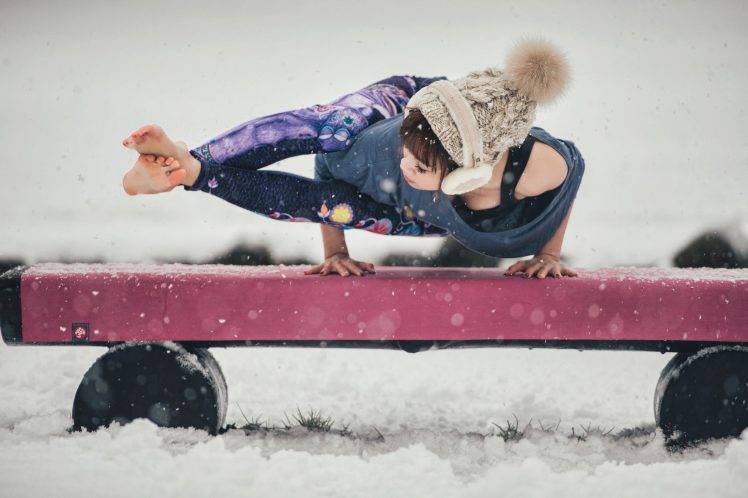 women, Yoga, Snow, Asian, Barefoot HD Wallpaper Desktop Background