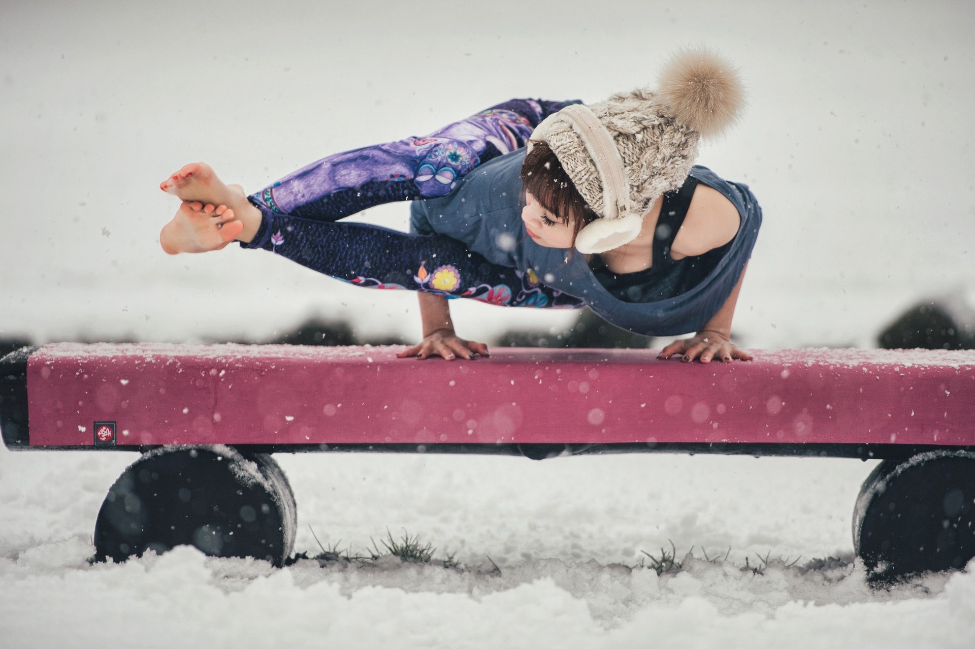 women, Yoga, Snow, Asian, Barefoot Wallpaper