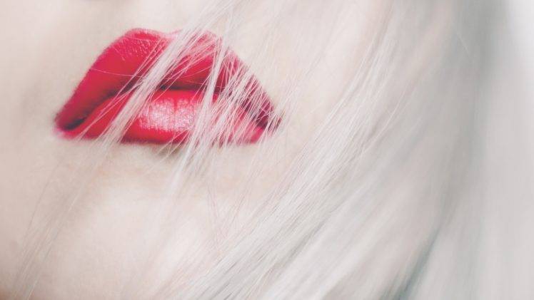 women, Model, Blonde, Long Hair, Face, Red Lipstick, Hair In Face, Closeup, Gloss, Pale HD Wallpaper Desktop Background