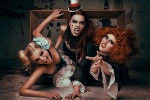 women, Model, Brunette, Long Hair, Hat, Bare Shoulders, Redhead, Blonde, Costumes, Open Mouth, Makeup, Braids, Glamour, Creepy, Screaming, Picture Frames, Curly Hair, Walls, On The Floor, Hand, Black Dress, Teeth