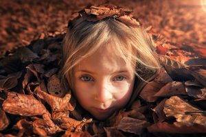 children, Dry, Leaves, Blonde, Blue Eyes