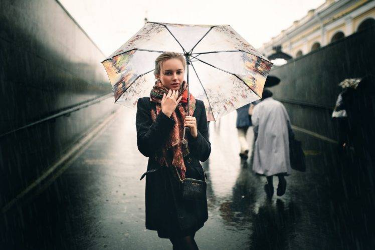 women, Umbrella, Blonde, Rain HD Wallpaper Desktop Background