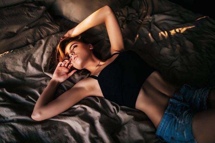 women, Jean Shorts, Flat Belly, Closed Eyes, In Bed HD Wallpaper Desktop Background
