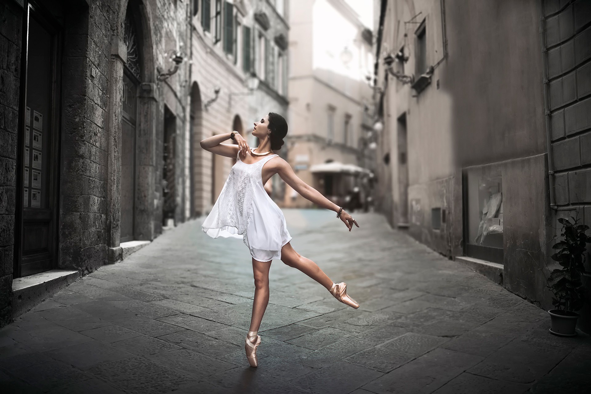 ballerina, Women, Dancers, Street, White Dress Wallpaper