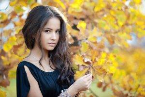 women, Model, Brunette, Long Hair, Women Outdoors, Face, Portrait, Depth Of Field, Nature, Trees, Looking At Viewer, Fall, Leaves, Black Dress, Brown Eyes, Open Mouth, Necklace