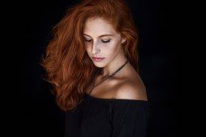 women, Redhead, Freckles, Portrait, Closed Eyes, Bare Shoulders, Black Clothing, Simple Background