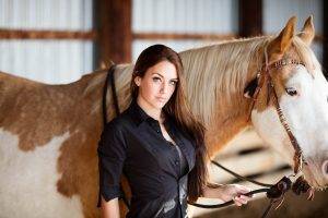 women, Model, Portrait, Long Hair, Horse, Animals, Equine, Shirt, Nose Rings