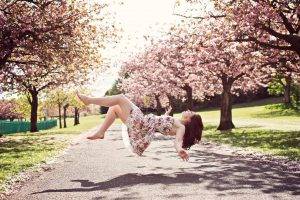 women, Model, Brunette, Long Hair, Flying, Floating, Women Outdoors, Trees, Road, Dress, Shadow, Magic, Grass, Park, Closed Eyes, Barefoot, Bare Shoulders, Open Mouth, Blossoms, Asian, Cherry Blossom
