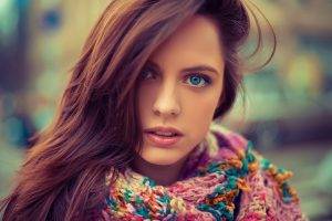 women, Model, Redhead, Long Hair, Looking At Viewer, Open Mouth, Women Outdoors, Face, Portrait, Blue Eyes, Scarf, Depth Of Field, Hair In Face