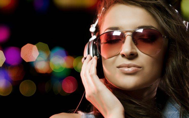 model, Headphones, Brunette, Women, Closed Eyes, Sunglasses, Portrait HD Wallpaper Desktop Background