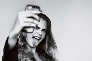 women, Cara Delevingne, Model, Selfies, Simple Background, Monochrome