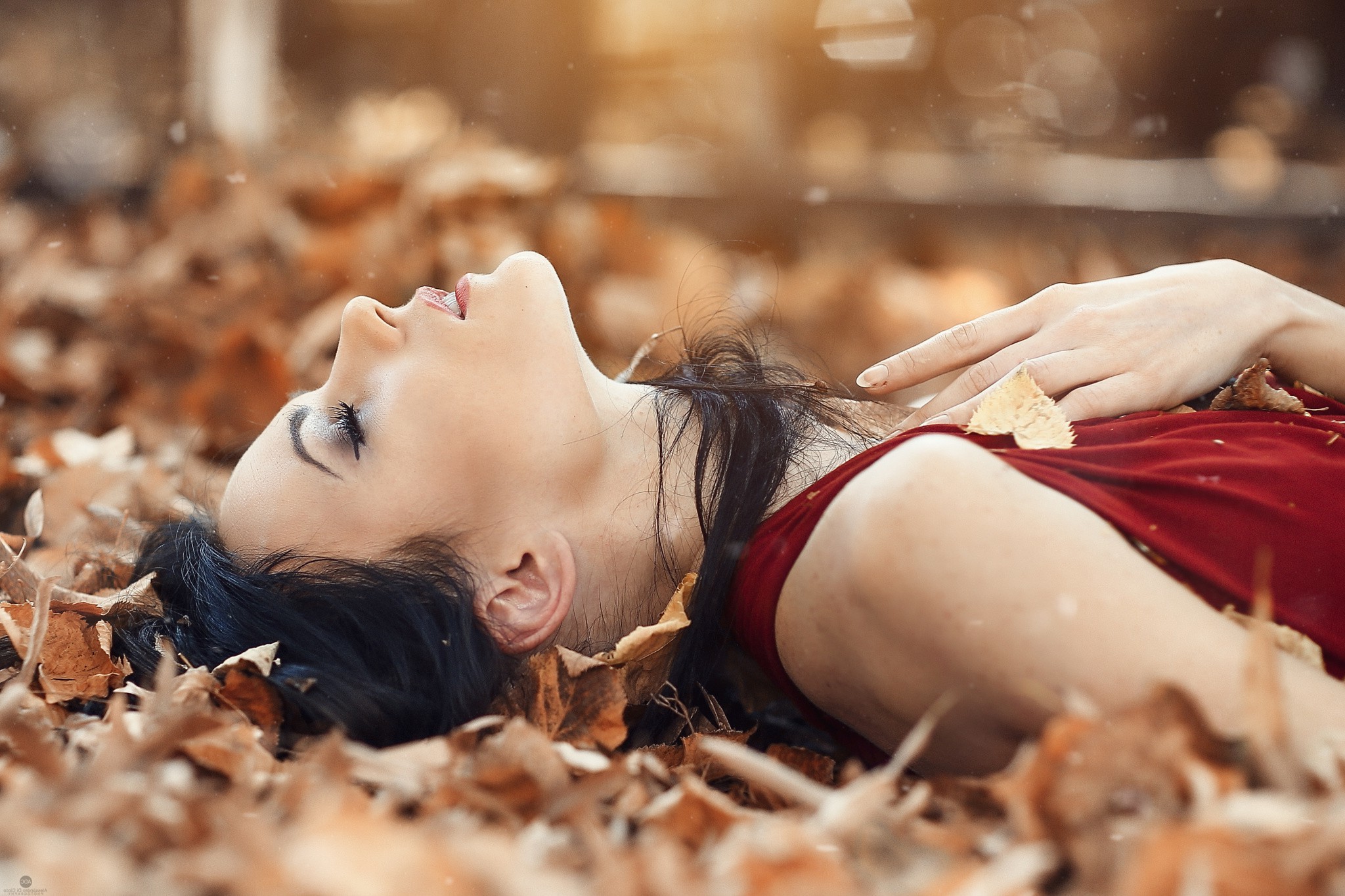 women, Brunette, Black Hair, Red Dress, Leaves, Fall, Closed Eyes, Alessandro Di Cicco Wallpaper