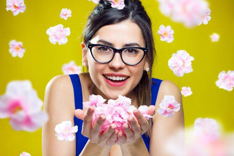 women, Model, Brunette, Long Hair, Looking At Viewer, Face, Portrait, Open Mouth, Smiling, Women With Glasses, Glasses, Flowers, Yellow Background, Tank Top, Bare Shoulders HD Wallpaper Desktop Background