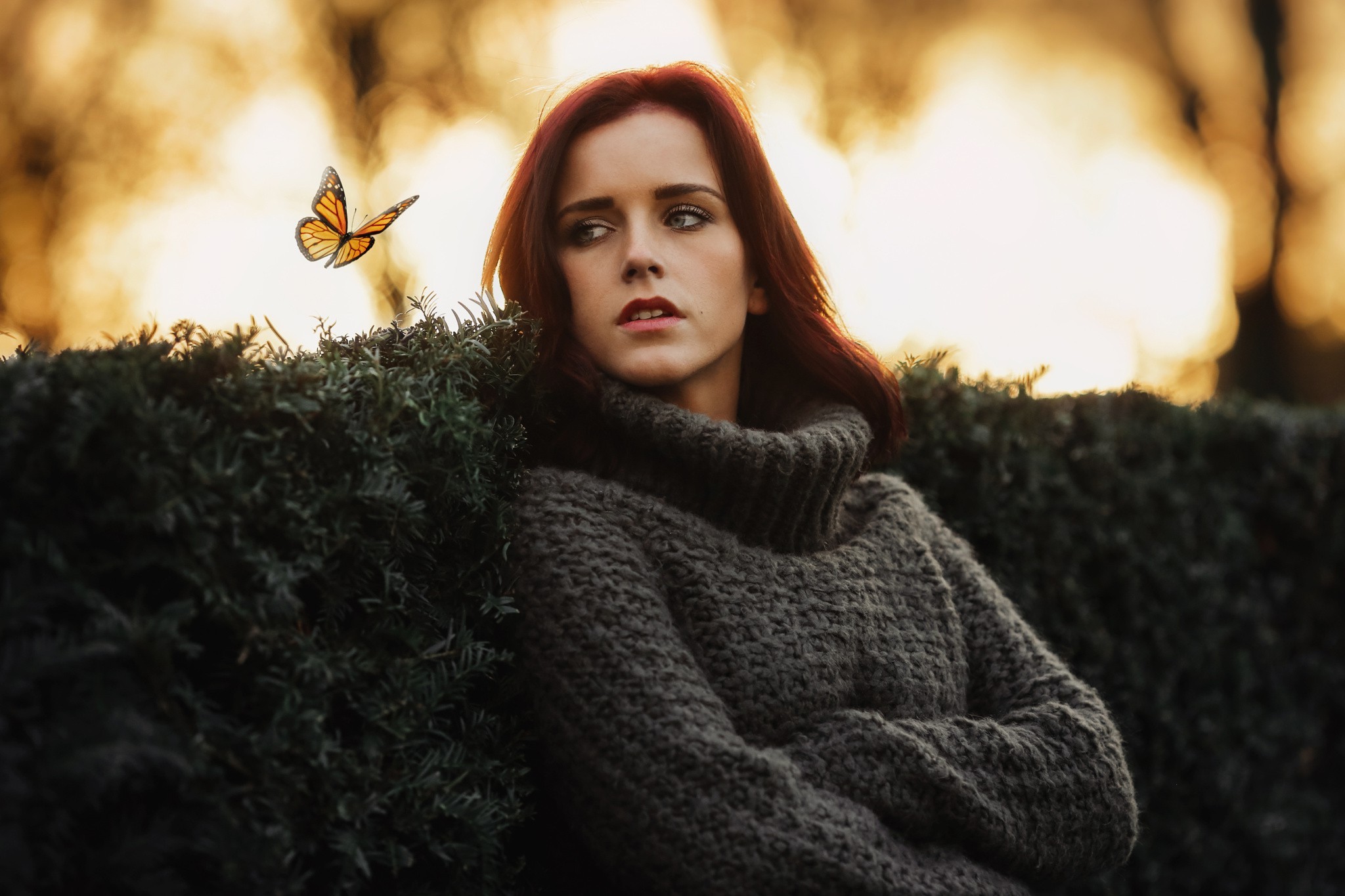 women, Redhead, Blue Eyes, Sweater, Women Outdoors, Butterfly, Open Mouth Wallpaper