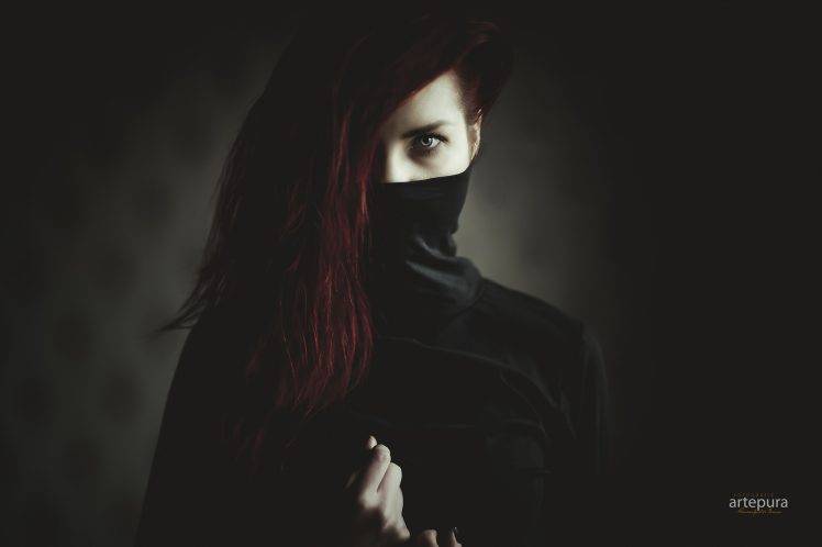 women, Redhead, Hazel Eyes, Mask, Portrait, Black Clothing, Black Nails HD Wallpaper Desktop Background