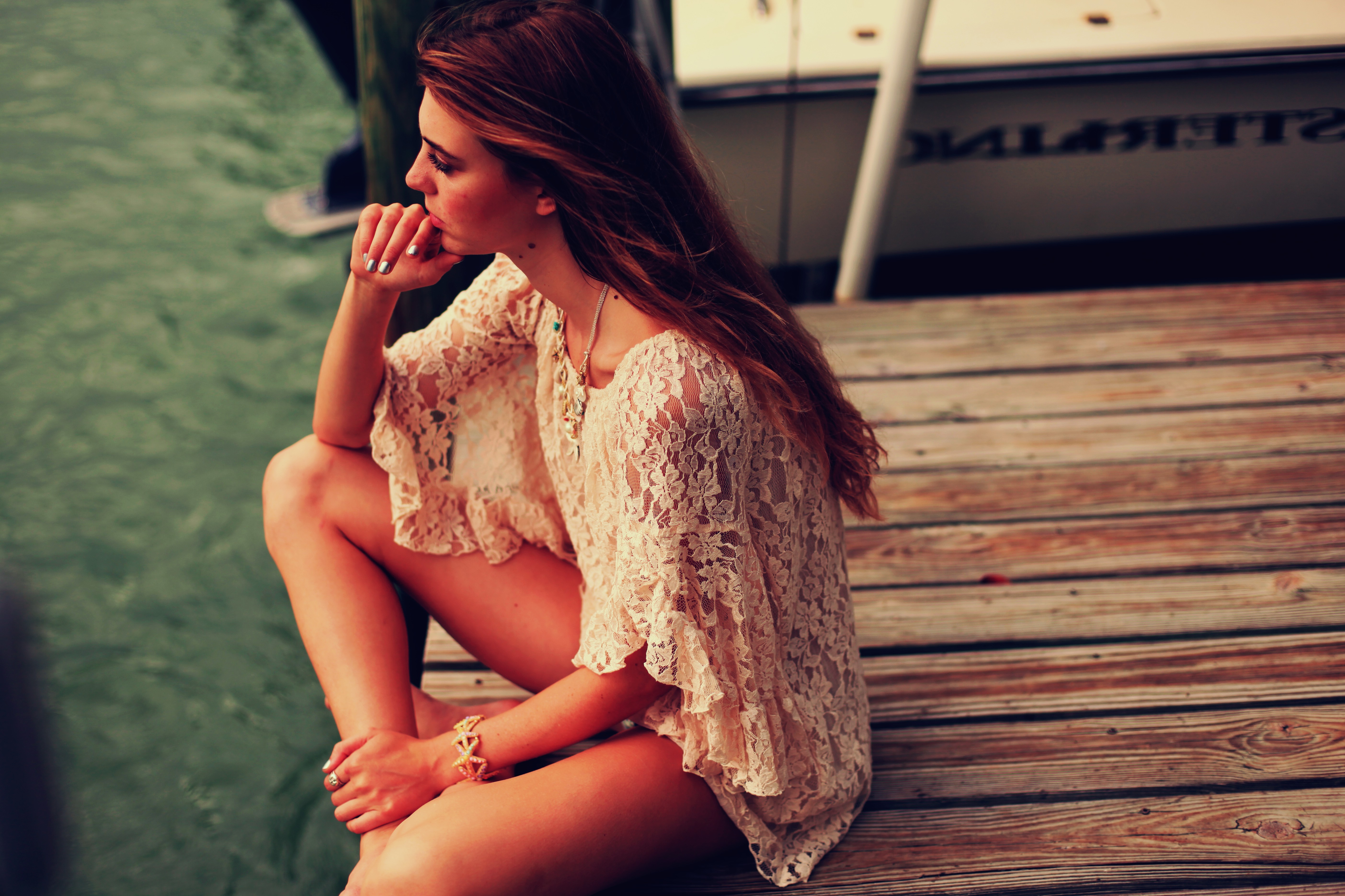 women, Dress, Hair, Brunette, Nature, Thinking, Lake Wallpaper