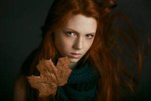 women, Redhead, Face, Freckles, Leaves