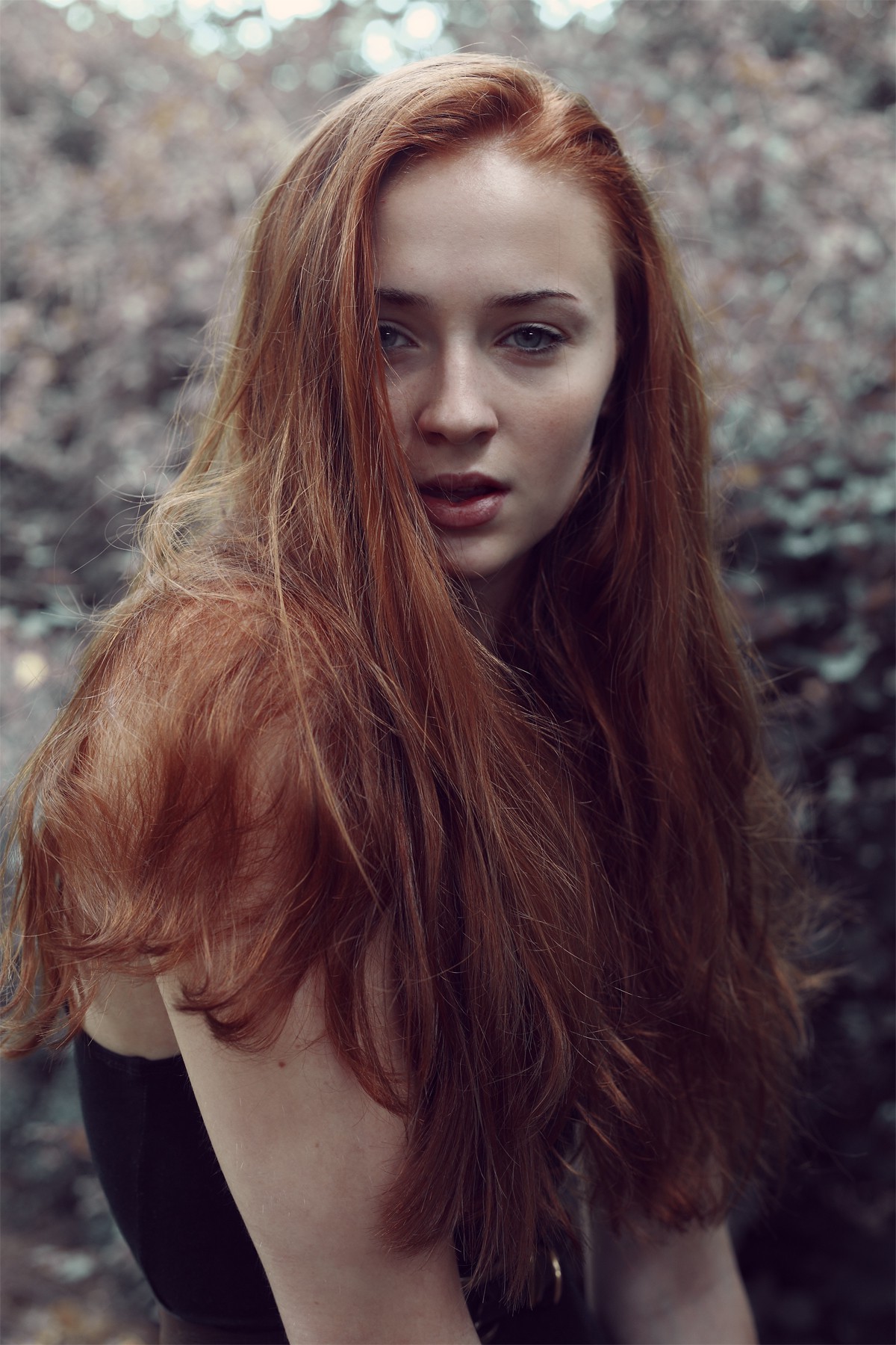 women, Model, Redhead, Long Hair, Portrait Display, Blue Eyes, Looking At Viewer, Face, Portrait, Women Outdoors, Trees, Sophie Turner, Open Mouth, Black Dress, Hair In Face, Bare Shoulders Wallpaper