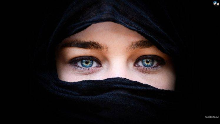 blue Eyes, Black Background, Hijab, Arab Women HD Wallpaper Desktop Background