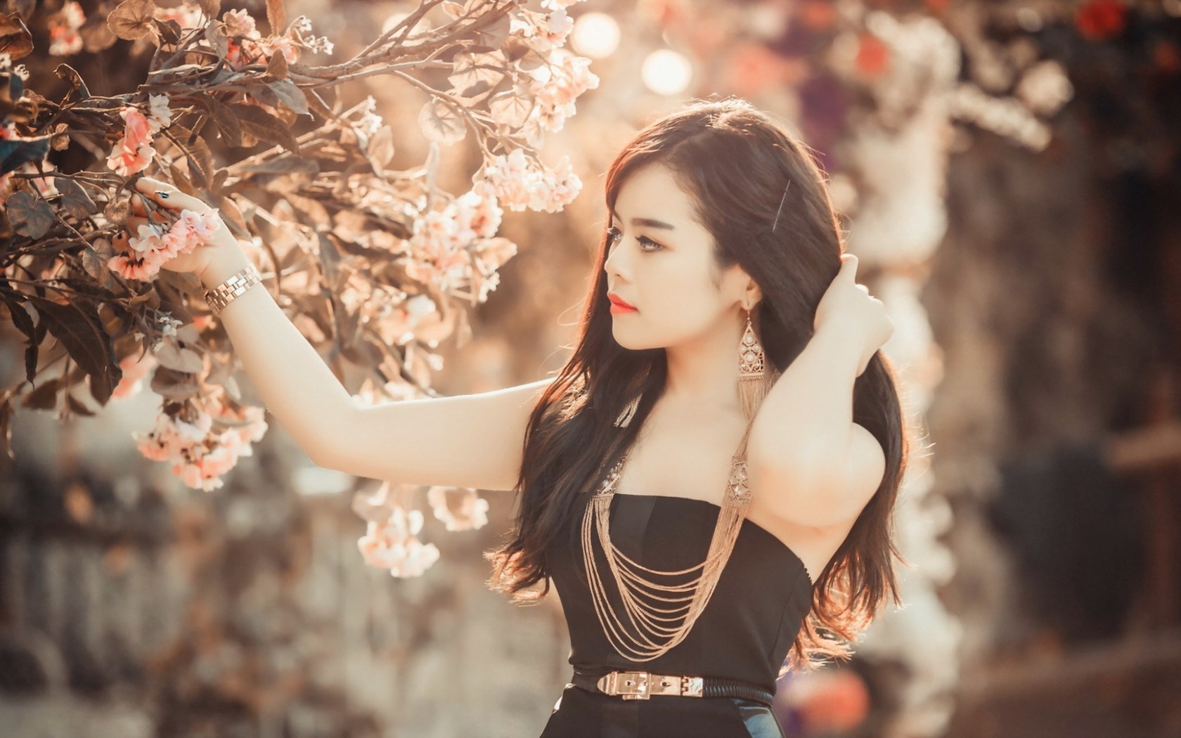 women, Hair, Face, Brunette, Dress, Prom, Asian, Trees, Flowers, Pink, Black Wallpaper