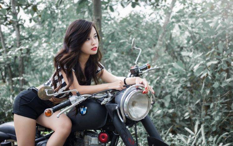 women, Hair, Brunette, Asian, Model, Nature, Trees, Forest, BMW, Shorts, Short Shorts, Women With Bikes HD Wallpaper Desktop Background