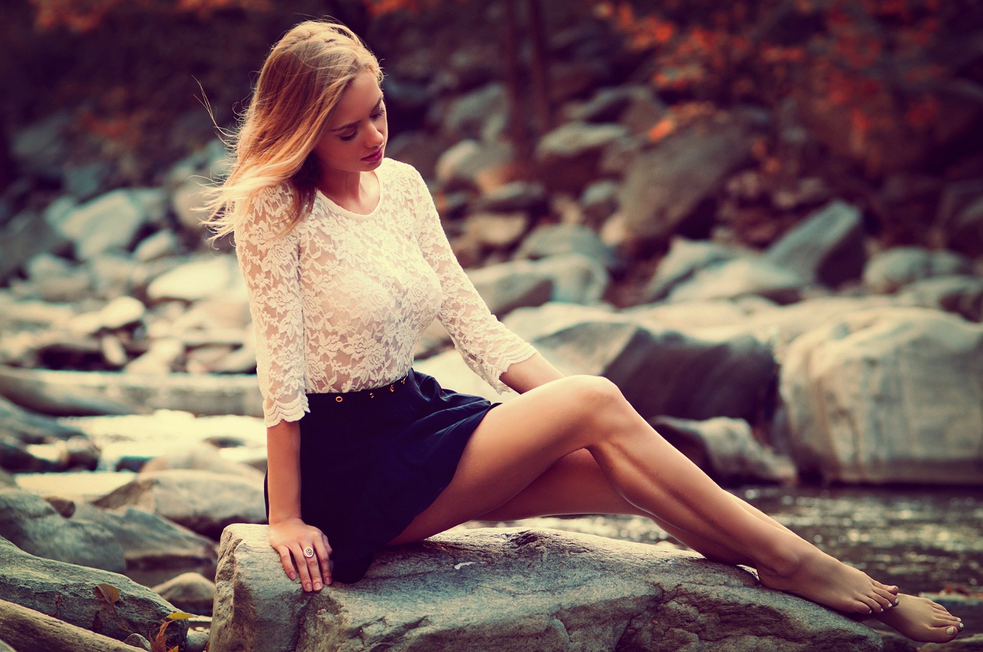 women, Hair, Legs, Blonde, Dress, Skirt, Model, Nature, Hill, Lake